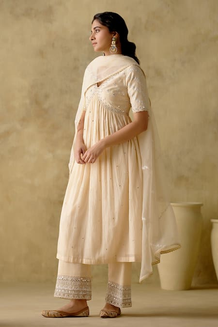 VARUN CHHABRA Ivory Anarkali And Palazzo Chanderi Silk Lined With Mul Cotton Embroidered Set