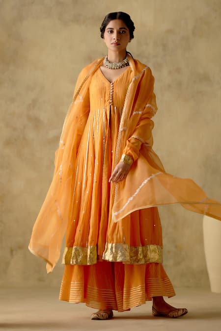 VARUN CHHABRA Orange Anarkali And Sharara Chanderi Silk Lined With Mul Cotton Embroidered Set