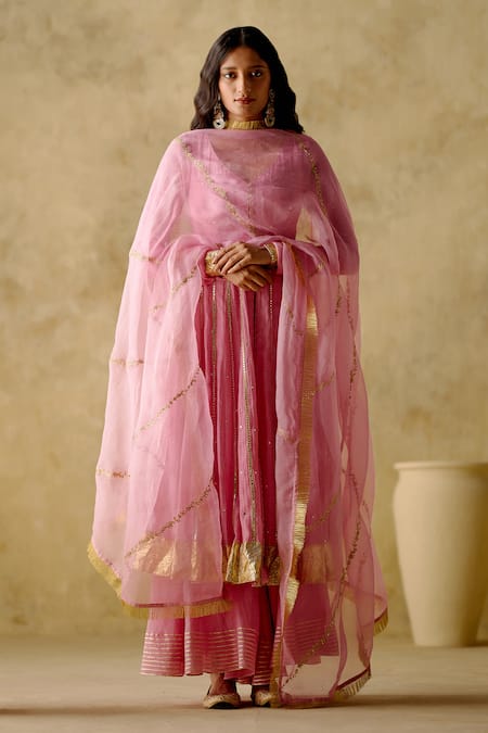 VARUN CHHABRA Pink Anarkali And Sharara Chanderi Silk Lined With Mul Cotton Zari Set