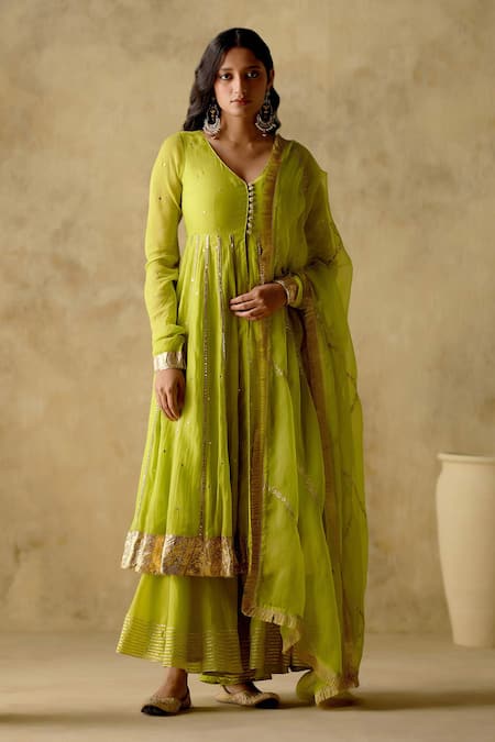 VARUN CHHABRA Green Anarkali And Sharara Chanderi Silk Lined With Mul Cotton Gota Set