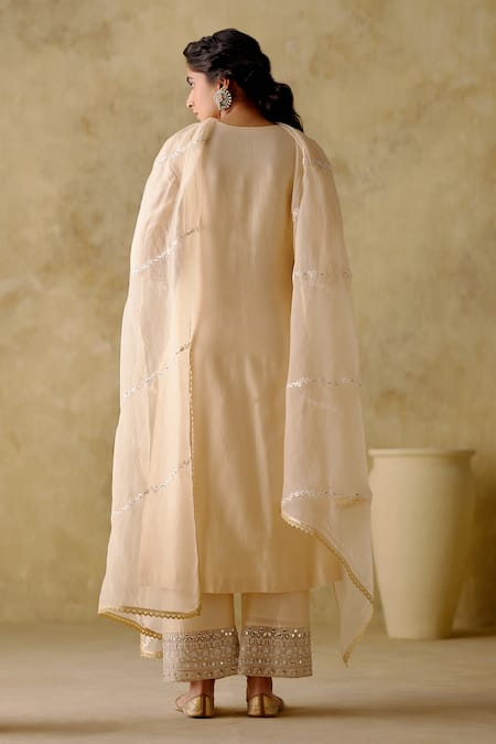 Shop Varun Chhabra Ivory Chanderi Silk, Organza, Cotton Embroidery Round Zari Kurta Palazzo Set at Aza Fashions Shop_Varun Chhabra_Ivory Chanderi Silk, Organza, Cotton Embroidery Round Zari Kurta Palazzo Set_at_Aza_Fashions
