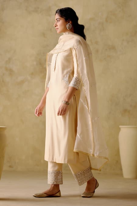 Buy Varun Chhabra Ivory Chanderi Silk, Organza, Cotton Embroidery Round Zari Kurta Palazzo Set Online at Aza Fashions Buy_Varun Chhabra_Ivory Chanderi Silk, Organza, Cotton Embroidery Round Zari Kurta Palazzo Set_Online_at_Aza_Fashions