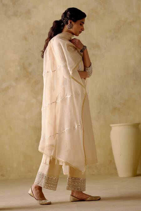 Shop Varun Chhabra Ivory Chanderi Silk, Organza, Cotton Embroidery Round Zari Kurta Palazzo Set Online at Aza Fashions Shop_Varun Chhabra_Ivory Chanderi Silk, Organza, Cotton Embroidery Round Zari Kurta Palazzo Set_Online_at_Aza_Fashions