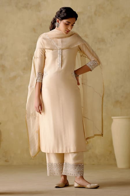 Varun Chhabra Ivory Chanderi Silk, Organza, Cotton Embroidery Round Zari Kurta Palazzo Set at Aza Fashions Varun Chhabra_Ivory Chanderi Silk, Organza, Cotton Embroidery Round Zari Kurta Palazzo Set_at_Aza_Fashions