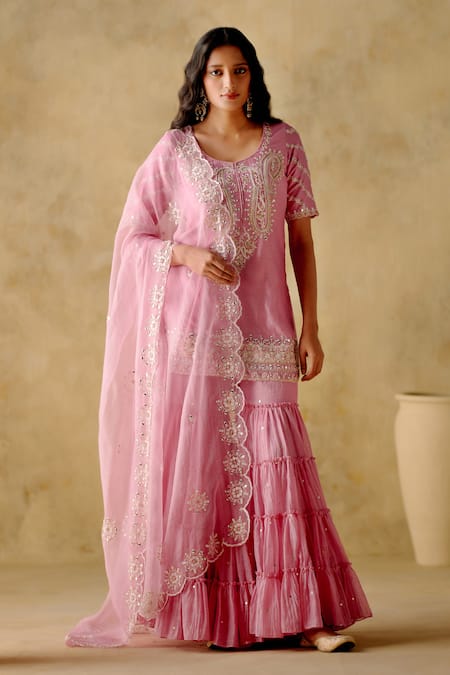 VARUN CHHABRA Pink Kurta And Gharara Chanderi Silk Lined With Mul Cotton Mirror Set