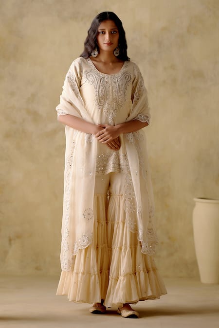 VARUN CHHABRA Ivory Kurta And Gharara Chanderi Silk Lined With Mul Resham Set 