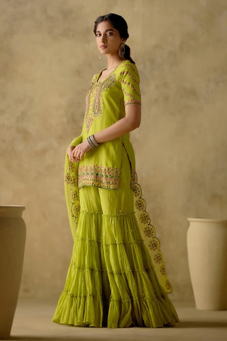 Varun Chhabra_Green Chanderi Silk, Organza, Cotton Embroidery Round Dabka Kurta Gharara Set _Online_at_Aza_Fashions