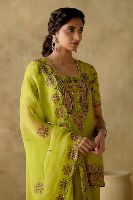 Shop_Varun Chhabra_Green Chanderi Silk, Organza, Cotton Embroidery Round Dabka Kurta Gharara Set _Online_at_Aza_Fashions
