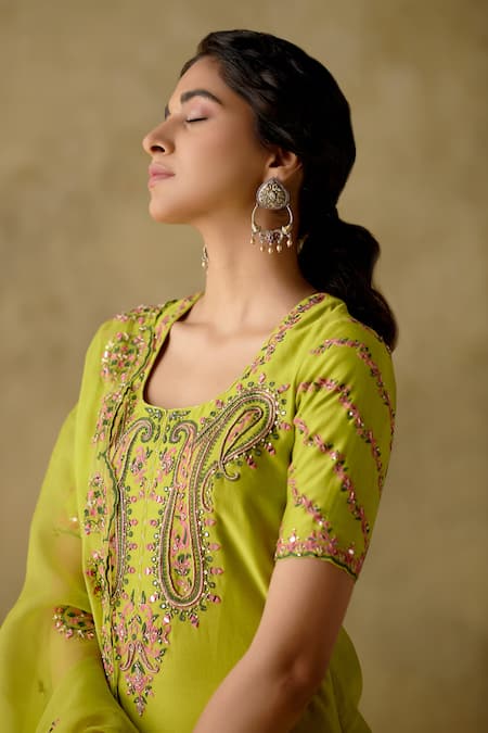 Varun Chhabra_Green Chanderi Silk, Organza, Cotton Embroidery Round Dabka Kurta Gharara Set _at_Aza_Fashions