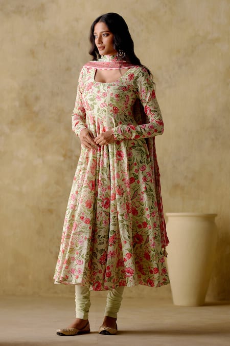 VARUN CHHABRA Green Anarkali Chanderi Silk Printed And Hand Embroidered Floral Set 