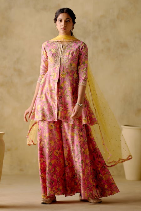 VARUN CHHABRA Pink Chanderi Silk Printed And Hand Embroidered Floral Kurta Sharara Set 