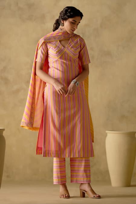 VARUN CHHABRA Pink Chanderi Silk Printed Stripe V Neck Kurta Palazzo Set 