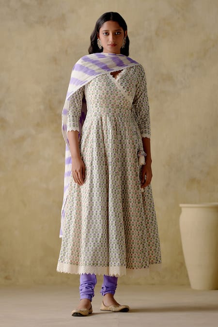VARUN CHHABRA Purple Anarkali Cambric Cotton Block Printed And Embellished Floral Set