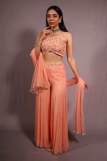 House Of TA-YA Embroidered Cropped Top & Sharara Set 