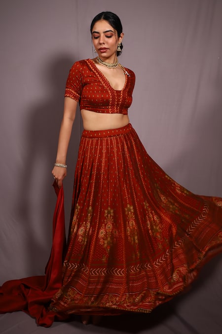 HOUSE OF TA-YA Red Raw Silk Printed Digital V Neck Lehenga Set 