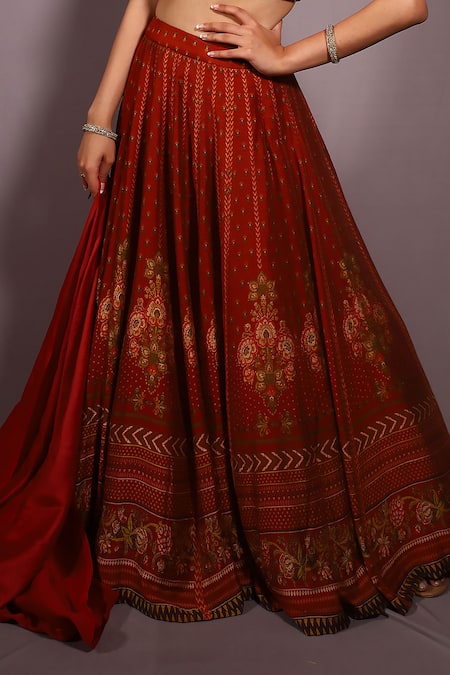 Shop_House Of TA-YA_Red Silk Embroidery V-neck Raw Digital Print Lehenga Set _Online_at_Aza_Fashions