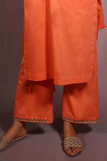 House Of TA-YA Orange Cotton, Chiffon Sequins, Embroidery, Lace V-neck Kurta And Pant Set Online at Aza Fashions House Of TA-YA_Orange Cotton, Chiffon Sequins, Embroidery, Lace V-neck Kurta And Pant Set _Online_at_Aza_Fashions