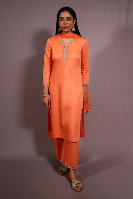 Buy_House Of TA-YA_Orange Cotton, Chiffon Sequins, Embroidery, Lace V-neck Kurta And Pant Set _Online_at_Aza_Fashions