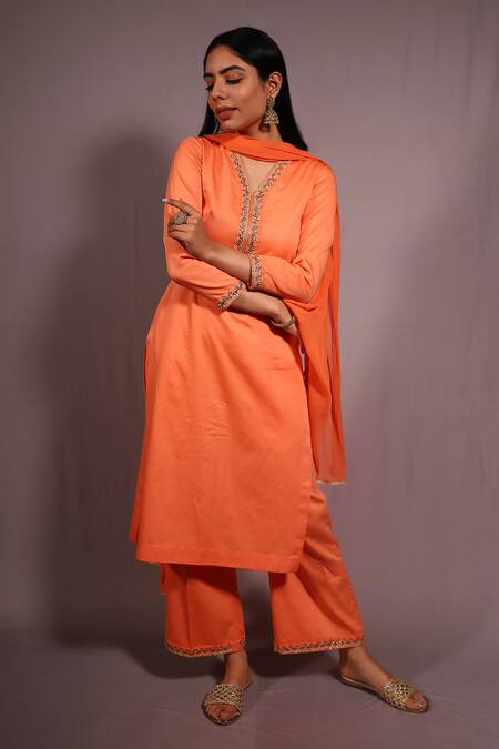 Shop_House Of TA-YA_Orange Cotton, Chiffon Sequins, Embroidery, Lace V-neck Kurta And Pant Set _Online_at_Aza_Fashions
