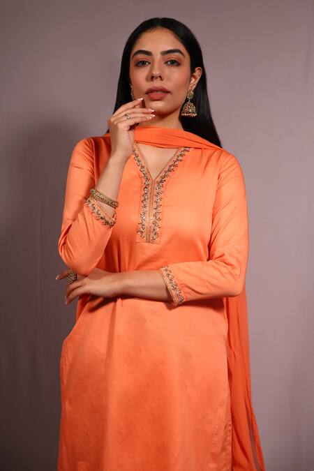 House Of TA-YA_Orange Cotton, Chiffon Sequins, Embroidery, Lace V-neck Kurta And Pant Set _at_Aza_Fashions