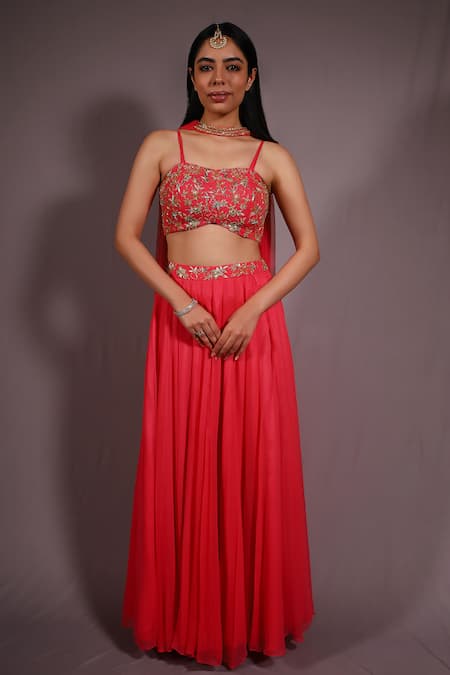 House Of TA-YA_Pink Georgette Gota Patti, Cut Work, Embroidery And Cutdana Lehenga Set _Online_at_Aza_Fashions