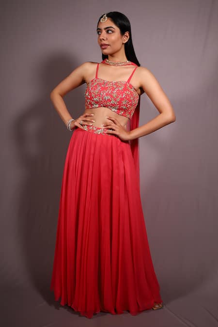 Shop_House Of TA-YA_Pink Georgette Gota Patti, Cut Work, Embroidery And Cutdana Lehenga Set _Online_at_Aza_Fashions