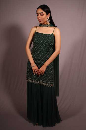 House Of Ta-Ya_Green Georgette Zari, Embroidery Square Neck Zardosi Kurta Sharara Set _Online_at_Aza_Fashions