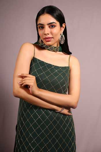 Shop_House Of Ta-Ya_Green Georgette Zari, Embroidery Square Neck Zardosi Kurta Sharara Set _Online_at_Aza_Fashions