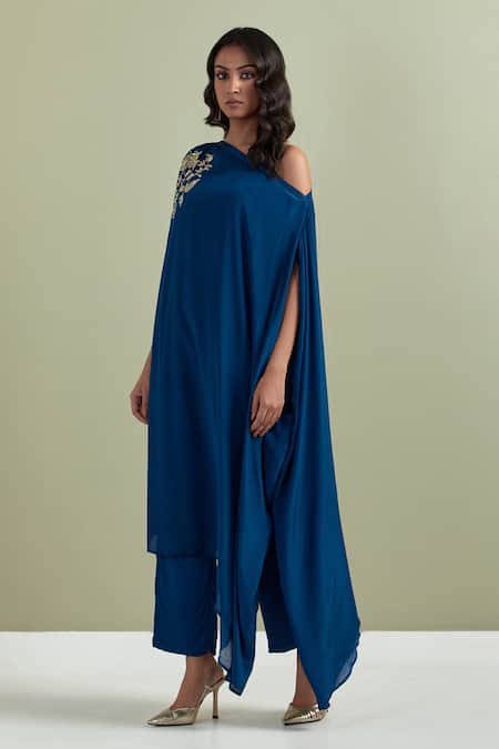 Buy_Priya Chaudhary_Blue Crepe Cut Work One Shoulder Placement Embroidered Kurta And Pant Set _Online_at_Aza_Fashions