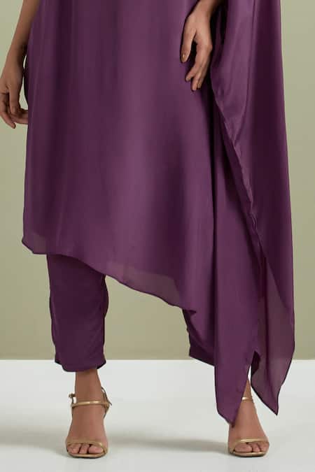 Priya Chaudhary_Purple Crepe Cut One Shoulder Floral Placement Embroidered Kurta And Panr Set _Online_at_Aza_Fashions
