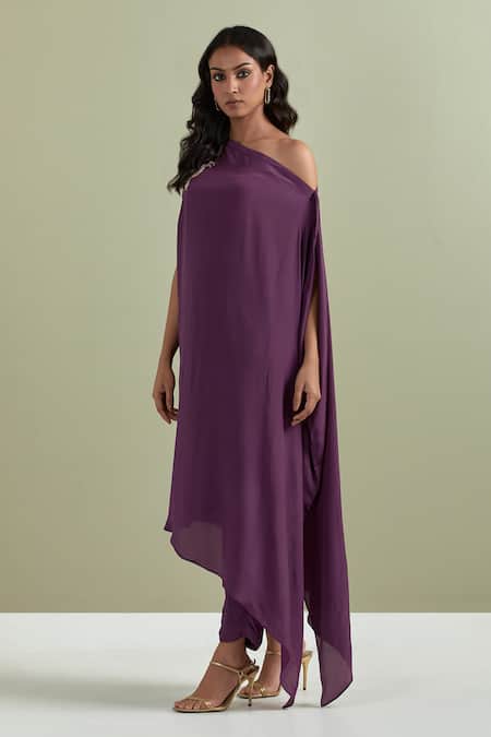 Shop_Priya Chaudhary_Purple Crepe Cut One Shoulder Floral Placement Embroidered Kurta And Panr Set _Online_at_Aza_Fashions