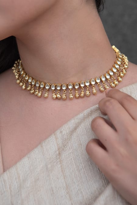 Shop_Do Taara_Gold Plated Kundan And Gungroo Necklace _Online_at_Aza_Fashions