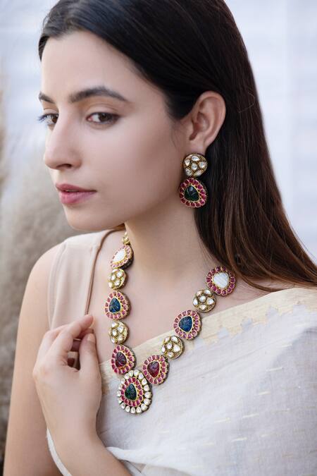 Buy Do Taara Multi Color Embellished Navrattan Polki Necklace Set at Aza Fashions Buy_Do Taara_Multi Color Embellished Navrattan Polki Necklace Set_at_Aza_Fashions