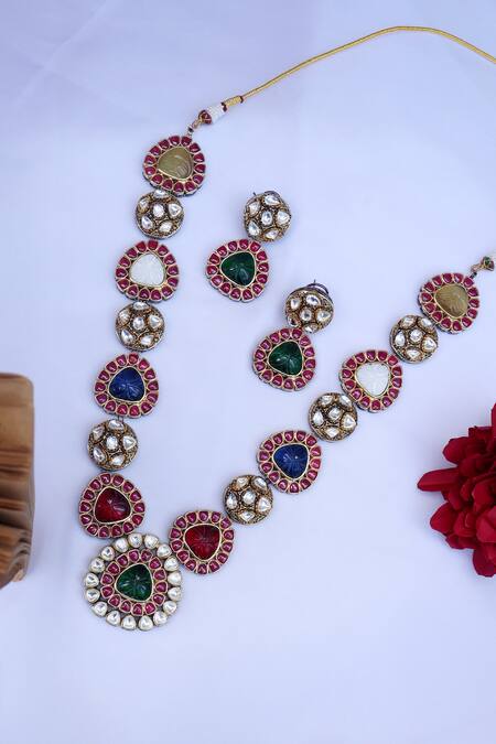 Shop Do Taara Multi Color Embellished Navrattan Polki Necklace Set at Aza Fashions Shop_Do Taara_Multi Color Embellished Navrattan Polki Necklace Set_at_Aza_Fashions