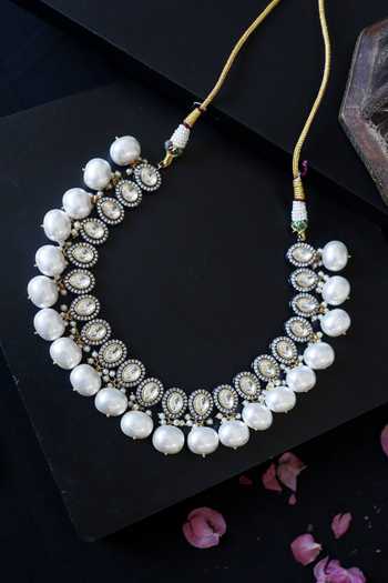 Shop Do Taara Silver Plated Polki And Pearl Necklace at Aza Fashions Shop_Do Taara_Silver Plated Polki And Pearl Necklace _at_Aza_Fashions