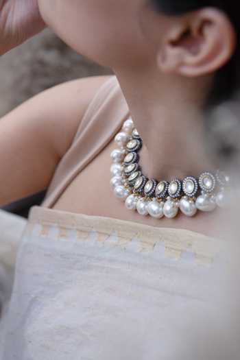 Buy Do Taara Silver Plated Polki And Pearl Necklace Online at Aza Fashions Buy_Do Taara_Silver Plated Polki And Pearl Necklace _Online_at_Aza_Fashions