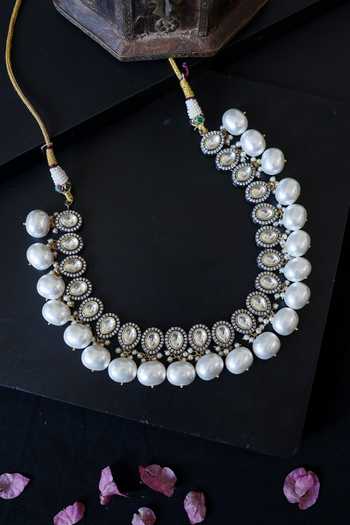 Shop Do Taara Silver Plated Polki And Pearl Necklace Online at Aza Fashions Shop_Do Taara_Silver Plated Polki And Pearl Necklace _Online_at_Aza_Fashions