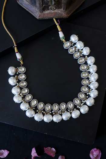 Do Taara Silver Plated Polki And Pearl Necklace at Aza Fashions Do Taara_Silver Plated Polki And Pearl Necklace _at_Aza_Fashions