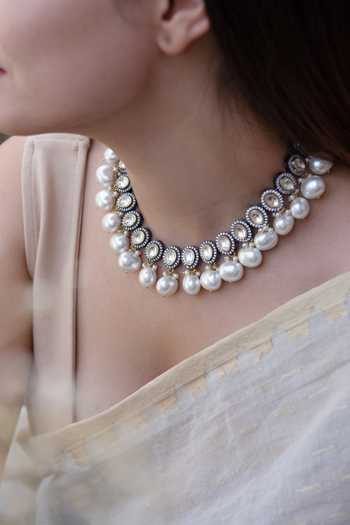 Buy Do Taara Silver Plated Polki And Pearl Necklace Buy_Do Taara_Silver Plated Polki And Pearl Necklace