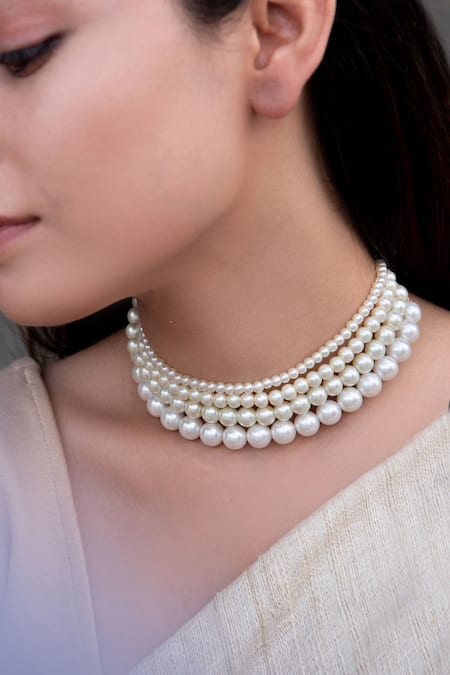Do Taara White Multi Layered Pearl Choker Necklace Online at Aza Fashions Do Taara_White Multi Layered Pearl Choker Necklace _Online_at_Aza_Fashions