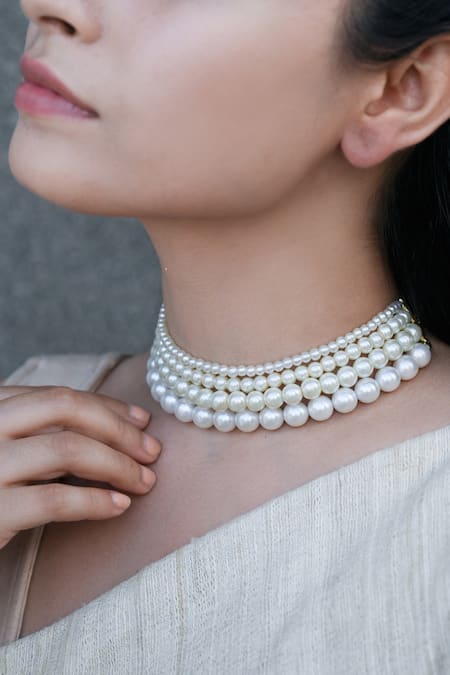 Buy Do Taara White Multi Layered Pearl Choker Necklace Online at Aza Fashions Buy_Do Taara_White Multi Layered Pearl Choker Necklace _Online_at_Aza_Fashions