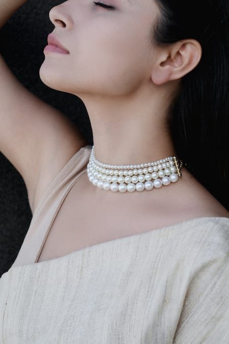 Shop Do Taara White Multi Layered Pearl Choker Necklace Online at Aza Fashions Shop_Do Taara_White Multi Layered Pearl Choker Necklace _Online_at_Aza_Fashions