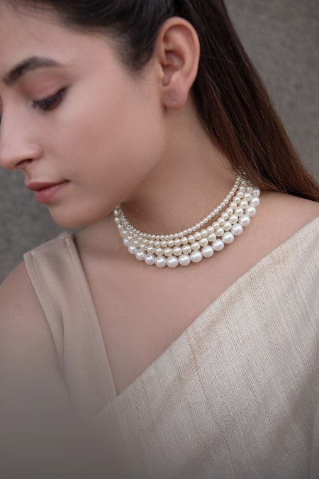 Do Taara White Multi Layered Pearl Choker Necklace at Aza Fashions Do Taara_White Multi Layered Pearl Choker Necklace _at_Aza_Fashions