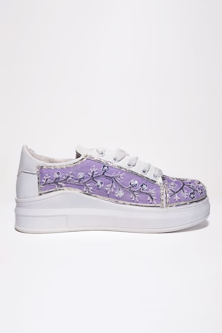 The Saree Sneakers_Purple Zari Blossom Pearl Embroidered Platform Sneakers _Online_at_Aza_Fashions