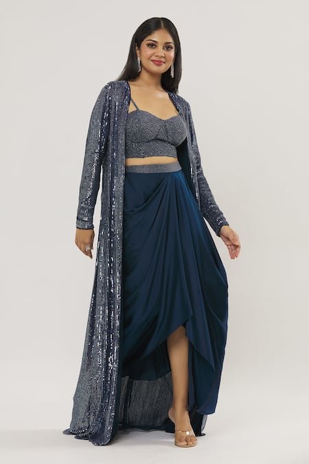 COUTURE BY NIHARIKA Blue Organza, Viscose, Satin Beads, Sequins Embellished Jacket Skirt Set