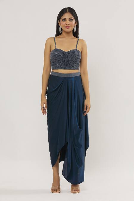 Shop COUTURE BY NIHARIKA Blue Organza, Viscose, Satin Beads, Sequins Embellished Jacket Skirt Set Online at Aza Fashions Shop_COUTURE BY NIHARIKA_Blue Organza, Viscose, Satin Beads, Sequins Embellished Jacket Skirt Set _Online_at_Aza_Fashions