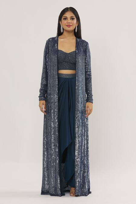 COUTURE BY NIHARIKA Blue Organza, Viscose, Satin Beads, Sequins Embellished Jacket Skirt Set at Aza Fashions COUTURE BY NIHARIKA_Blue Organza, Viscose, Satin Beads, Sequins Embellished Jacket Skirt Set _at_Aza_Fashions