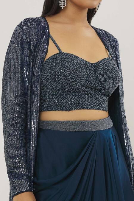 Buy COUTURE BY NIHARIKA Blue Organza, Viscose, Satin Beads, Sequins Embellished Jacket Skirt Set Buy_COUTURE BY NIHARIKA_Blue Organza, Viscose, Satin Beads, Sequins Embellished Jacket Skirt Set