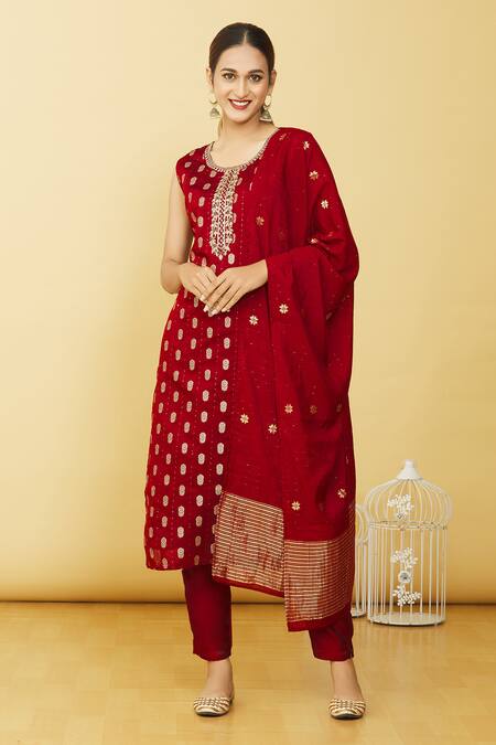 Buy Adara Khan Maroon Silk Zardosi Round Embroidered Straight Kurta Pant Set at Aza Fashions Buy_Adara Khan_Maroon Silk Zardosi Round Embroidered Straight Kurta Pant Set_at_Aza_Fashions
