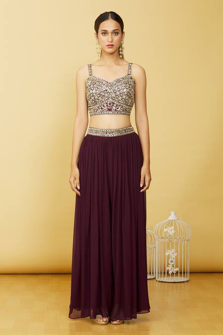 Adara Khan_Wine Georgette Mirror, Zardosi Crop Top Floral Embroidered Palazzo Set_at_Aza_Fashions